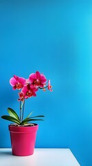 Naklejka premium Vibrant Pink Orchid in Pot Against Blue Wall