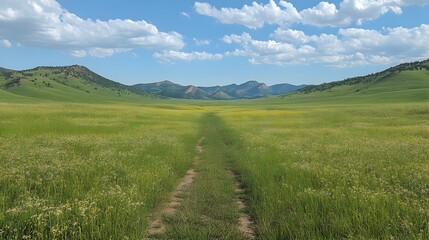 Obraz premium A vibrant field of colorful flowers in full bloom against a majestic mountainous backdrop under bright blue sky