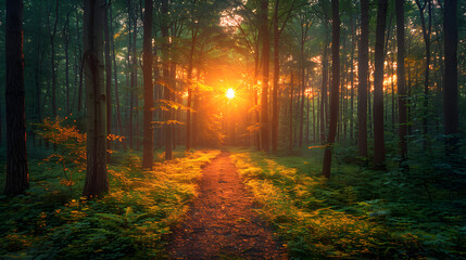 Obraz premium Serene forest path illuminated by golden sunset, surrounded by lush greenery and tranquil atmosphere