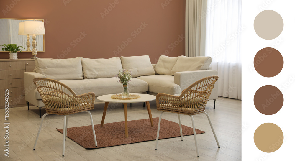 Poster Stylish living room with elements in mocha mousse shade. Interior design and matching color palette