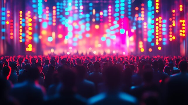 Crowd Enjoying Concert with Bright Stage Lights and Energetic Atmosphere
