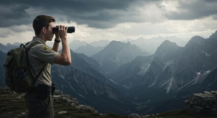 Obraz premium Ranger Exploring Majestic Mountain Range Through Binoculars Awe-Inspiring View From a Mountaintop