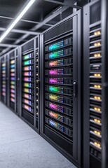 Naklejka premium Shot of Data Center With Multiple Rows of Fully Operational Server Racks.