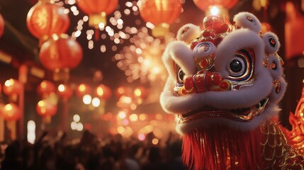 Vibrant Lion Dance Performance Illuminated by Festive Lanterns and Fireworks