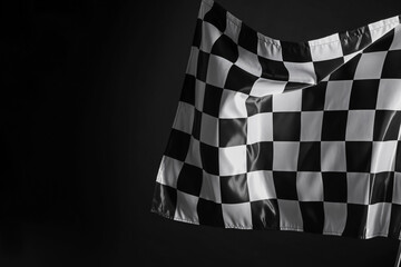 One racing checkered flag on black background, space for text