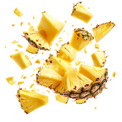 Bright Juicy Pineapple Chunks Flying Through the Air Isolated on Transparent Background
