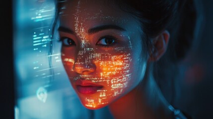 Portrait of Woman with Neon Data Projections on Her Face