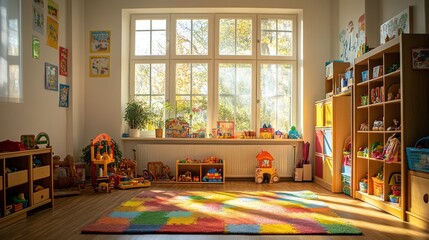 Sunlit kindergarten playroom scene showcasing diverse toys and learning materials arranged in an organized creative and stimulating environment