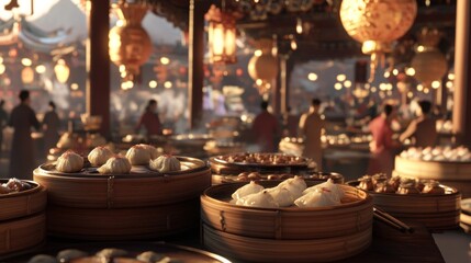 Fototapeta premium Steaming Delights A Festive Display of Traditional Dumplings and Street Food in a Vibrant Mark
