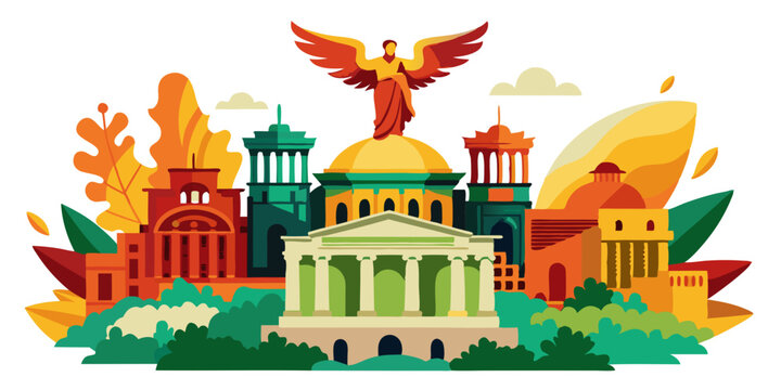 Mexico City, Mexico &ndash; A lively watercolor of Mexico City with the Angel of Independence, Templo Mayor, and Palacio de Bellas Artes in warm reds, greens, and golds