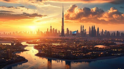 Naklejka premium Stunning aerial view of Dubai bathed in sunset light.
