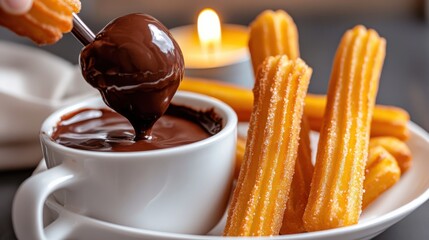 Indulgent Moment of Dipping Chocolate Covered Dessert into Warm Cup