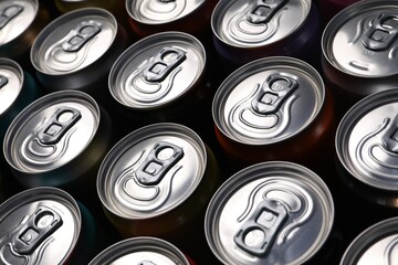 Many aluminium cans of beverage as background, closeup