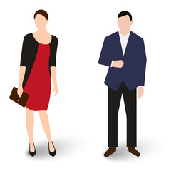 Businessman and secretary. Two office workers. Hired personnel staff. Boss and subordinate employee standing at full height. Flat vector illustration isolated on white background.