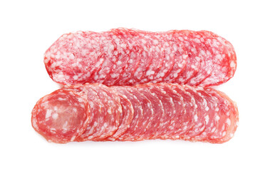 Slices of tasty smoked sausage on white background