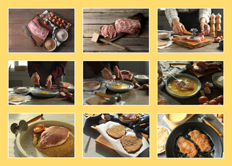 Schnitzel step-by-step recipe. Collage with photos of preparation on yellow background
