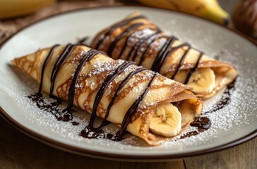 Delicious banana-filled crepes drizzled with rich chocolate sauce on a rustic wooden table, garnished with powdered sugar and fresh fruit