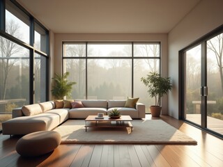 Sala de estar moderna y elegante con amplios ventanales y luz natural
