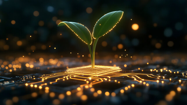 Green Seedlings Growing From Computer Circuit Board Technology