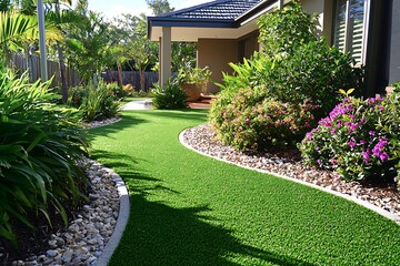 Naklejka premium Contemporary Australian home with artificial grass lawn timber edging and big flower garden