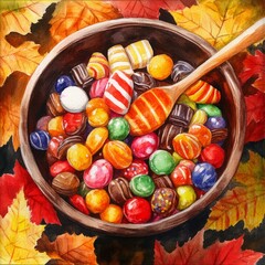 Generic Soft Watercolor Scene Bowl Leaves Candy Colorful