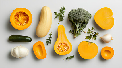 Assortment of fresh yellow vegetables and herbs on white background
