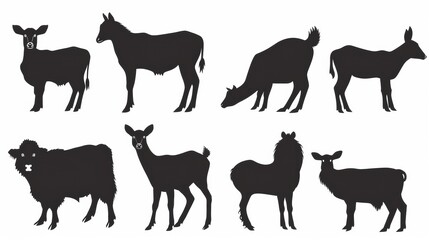 Striking Isolated Vector Farm Animal Silhouettes on a White Canvas: Ideal for Design Projects