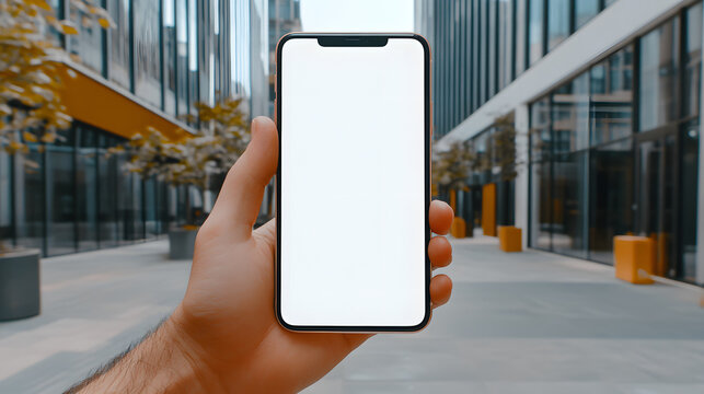 Hand Holding Smartphone in Modern Urban Environment with Blank Screen