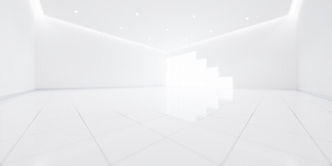 3d rendering of blur background or blur white empty space in room include tile floor in perspective view, light of window. Modern luxury interior home design of living room look clean, bright, shiny.
