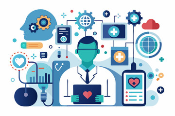 Digital healthcare illustration with a doctor figure, medical icons, and connected devices, representing technology in medicine.