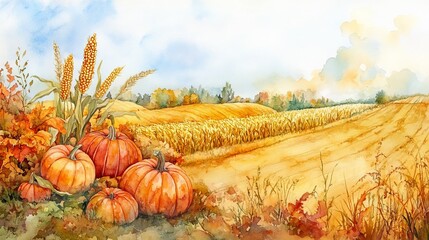Generic Vibrant Watercolor Scene Autumn Field Corn