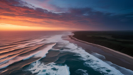 A top-down view of a coastal landscape during sunset, highlighting the waves and the horizon