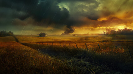 Fototapeta premium Sunset breaks through ominous storm clouds over a golden prairie landscape with distant smoke or tornado activity. 