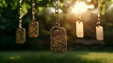 Hanging metal tags illuminated by sunset light in a serene garden