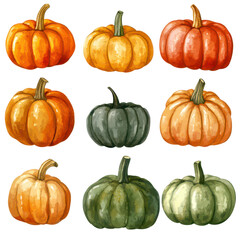 Assorted pumpkins in various colors and shapes