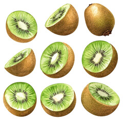 Fototapeta premium Fresh kiwi fruit illustrations showcasing various cuts