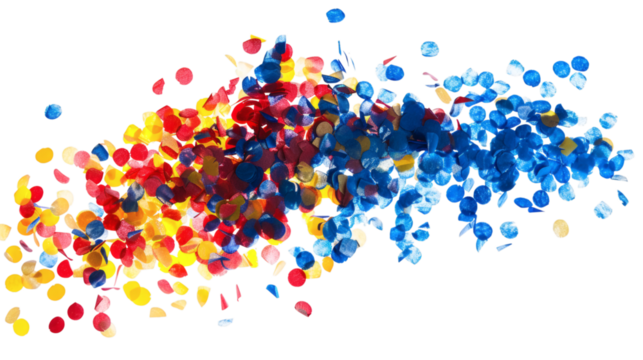 Flying confetti in bright red blue and yellow colors isolated on a white background