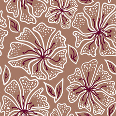 Decorative botanical floral seamless pattern. Hand drawn flowers with leaves on coffee-brown background. For textile, wallpaper, print, wrapping, scrapbooking. Spring illustration