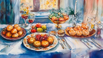 Generic Vibrant Watercolor Scene Latkes Hanukkah Cozy