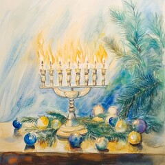 Generic Soft Watercolor Moment Setting Menorah Hanukkah