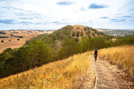 Woman hiking in the mountains, Mount Leura, Camperdown, Victoria, Australia, with Mount Sugarloaf in the background. 