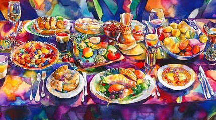 Food Vibrant Watercolor Overview Feast Traditional