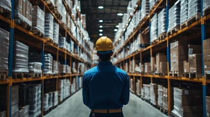 Fototapeta premium Warehouse worker checking stock on shelves in a clean, minimalist manufacturing warehouse with ample copy space