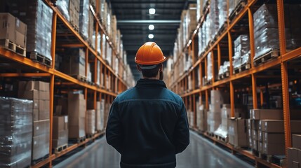 Fototapeta premium Warehouse worker checking stock on shelves in a clean, minimalist manufacturing warehouse with ample copy space