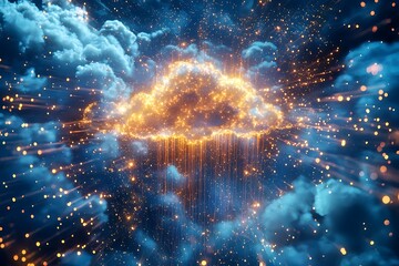 Obraz premium Digital flow data with cloud hologram and blue golden light pulses