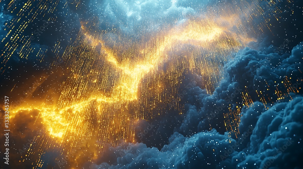 Wall mural digital futuristic cloud with code and blue golden data flow effect