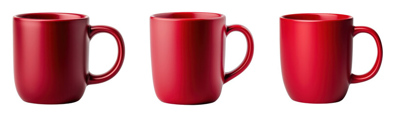 Three sleek red ceramic mugs in different angles