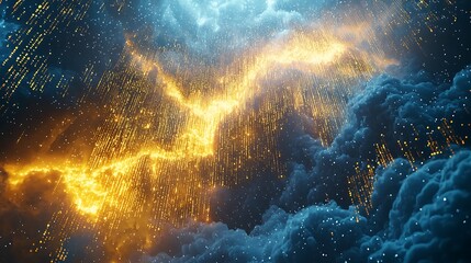 Digital futuristic cloud with code and blue golden data flow effect