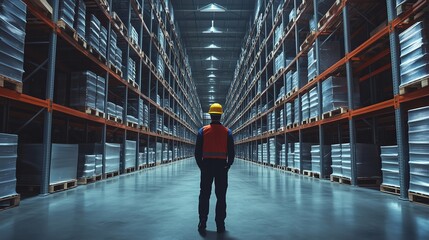 Obraz premium Warehouse worker in hard hat walking through storage racks in a spacious, minimalist warehouse with clean lines and ample copy space