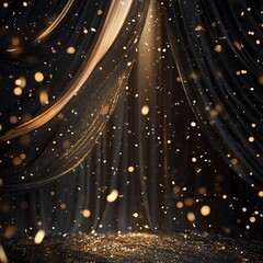 Elegant Black Curtain Backdrop with Golden Confetti and Ribbons for Premium Celebration Theme